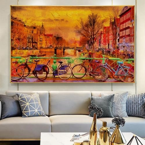BMGKYAGL Fahrrad am Fluss, Poster und Drucke zum Aufhängen im Wohnzimmer, Leinwandgemälde, modernes Bild, Heimdekoration, 80 x 120 cm, rahmenlos