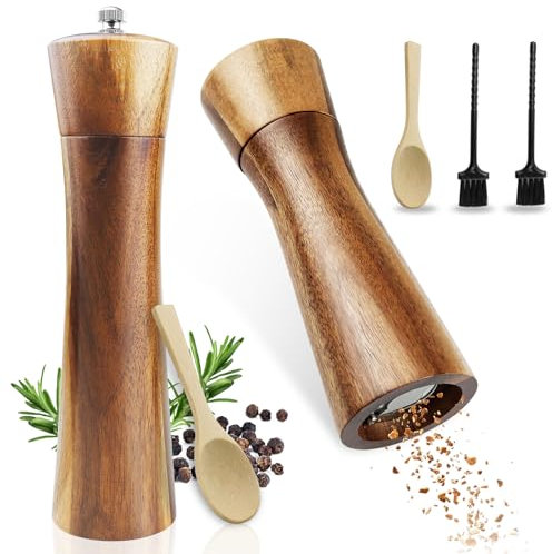 GZhaizhuan Macina sale e pepe in legno, set da 2 macinaspezie con meccanismo in ceramica per macinare varie spezie, con 2 cucchiai e pennello per la pulizia, 21,5 cm/16 cm