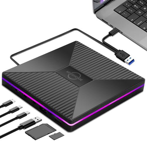 CD DVD Drive with Ambient Lighting USB C CD/DVD +/-Rw Drive CD ROM Burner Reader Writer with USB/ SD/TF Ports & Audio Out, Optical Disc Drive DVD Player for Laptop PC Mac MacBook Air/Pro Windows 11/10