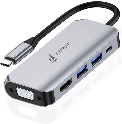 Adaptateur USB C vers HDMI VGA Mutiport, hub multiport 5 en 1 de type C avec HDMI 4K 30 Hz, VGA 1080p, 2 ports de données USB-A, 100 W PD, hub USB de type C en aluminium pour MacBook, Pro/Air, Surface