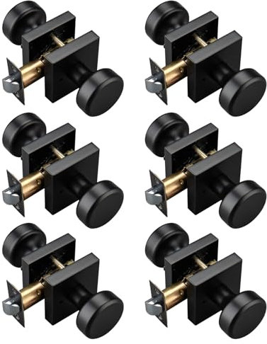 STARPY 6 Pack Black Door Knobs with Square Rosette, Interior Door Handles for Bath & Bed, Heavy Duty Door Knob with Lock