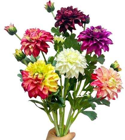 Dalias artificiales de 21 pulgadas, flores de seda con tallos, flores artificiales de invierno para decoración, flores artificiales de tallo largo para jarrón alto, decoración de fiesta de boda
