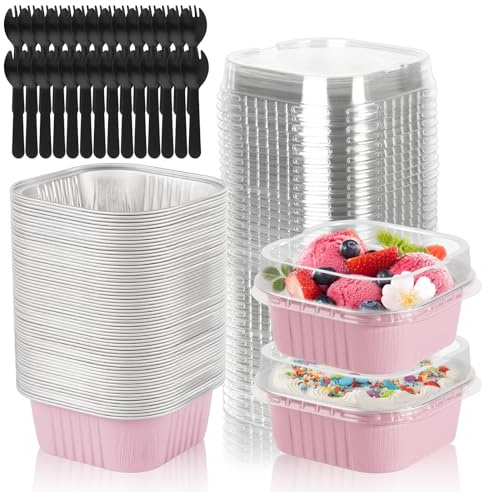 CXIIPOL 35 Pack 5 OZ Square Mini Baking Pans with Lids, 3.5x3.5 Inch Mini Cake Tins, Aluminum Foil Baking Cups Disposable Cake Containers for Party, Wedding, Birthdays, Pink
