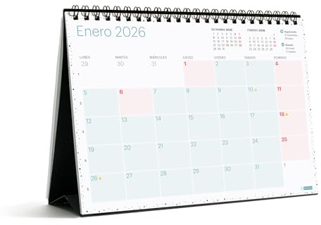 Miquelrius - Calendrier 2026 de bureau Lovely, organiseur annuel A5 : 210 x 148,5 mm, espace pour annoter, planificateur 12 mois, double spirale, espagnol, autocollants, couleurs pastel