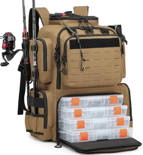 BlesMaller 50L Angelrucksack mit 4 Boxen & Rutenhaltern Angeltasche wasserabweisend Angel Rucksack für Angelausrüstung