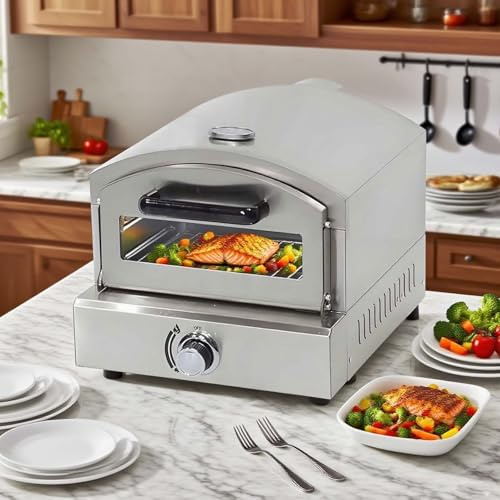 QFGain Forno A Gas per Pizza Portatile con Termometro Esterno - Preriscaldamento in 10 Minuti A 300 °C, Distribuzione Uniforme del Calore, Leggero, per Campeggio, Patio E Cucina All'Aperto