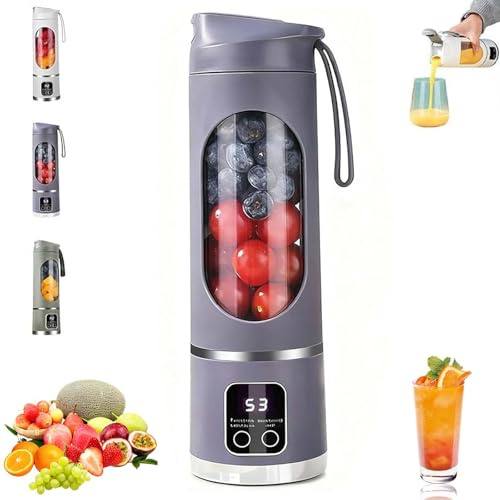 Batidora-exprimidor portátil de 450 ml, exprimidor de zumos naturales con 12 cuchillas, pantalla digital con 3 modos, recargable por USB, mini picador de hielo para frutas purple