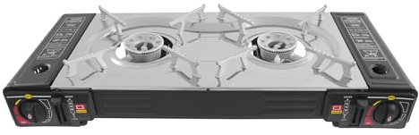 HIKUUER Fornello da campeggio a 2 fuochi, 63 x 26 x 8 cm, portatile da campeggio con valigia, fornello per bombola a gas con piastra per barbecue per gite in campeggio, riunioni