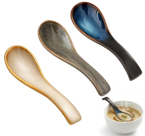 3PCS Ramen Spoon, Soup Spoons, Ramen Spons - Traditional Japanese Style Ceramic Asian Tableware for Serving Ramen, Miso Soup, Pho and Various Asian Dishes