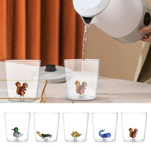 Generisch 5 Stück Glasbecher mit Cartoon Tier Motiv, Süße Wals/Igel/Ente/Schildkröte/Eichhörnchen Im Inneren, Kreative Kaffee- & Teegläser, Trinkglas für Tee, E is, Eistees, Iced Americano
