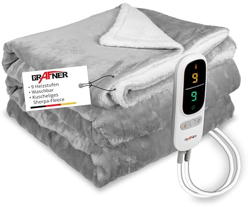 Grafner Heizdecke 200 x 180 cm Sherpa Fleece, elektrische Wärmedecke für 2 Personen, 9 Heizstufen, 200 Watt, Timer 1-9h, Abschaltautomatik, LED Fernbedienung, maschinenwaschbar, große Kuscheldecke
