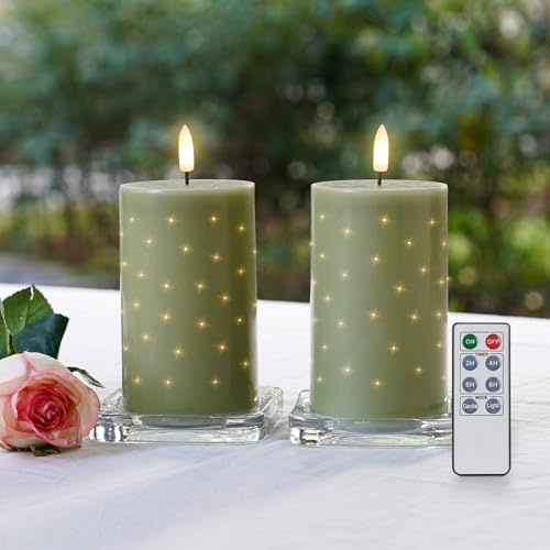 Rhytsing 2er LED-Wachskerzen Salbeigrün H 12,5 cm mit funkelnden Glasfaserlichtern, dekorative flammenlose Kerzen mit Timer für Frühling und Sommer, Weihnachtskerzen mit Batterien und Fernbedienung