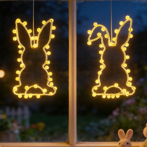 Osterdeko LED Fenster Lichterkette 2 Stück Ostern Deko Hase Lampe für Fensterbeleuchtung Batteriebetrieben Hasen Saugnapf Licht mit Timer Frühling Innen Schlafzimmer Osterdekoration Lichter (D)