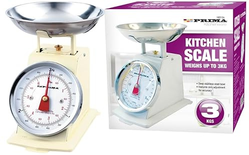 Mechanical Kitchen Metal Scale with Stainless Steel Bowl – Analogue Food Weighing Scale with Large Easy-Read Dial, 3 kg Capacity, Non-Slip Feet for Baking & Cooking (Cream)
