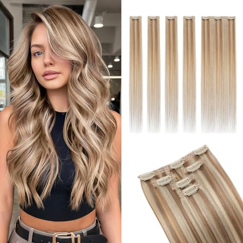 MY-LADY Clip in Extensions Echthaar für Feines Haar 5PCS 35cm mit Unsichtbaren Lace Clips Haarverlängerung für Sanftes Volumen #12P613 Goldbraun&blond 42g Glatt