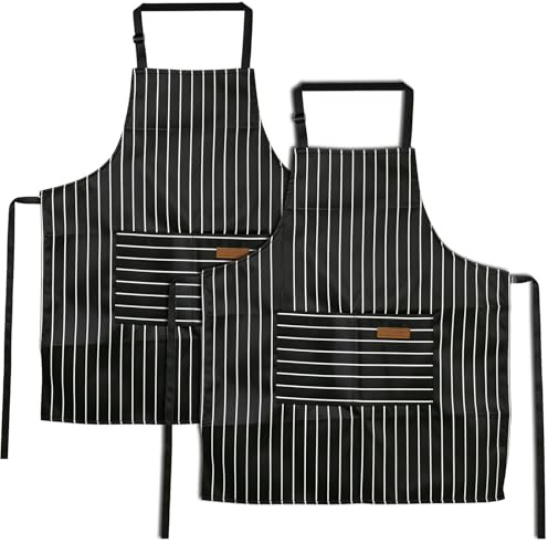 Kaiyzo 2 Pezzi Grembiule Cucina Donna Misto Cotone-Lino A Righe Grembiuli Da Cucina Grembiule Cucina Per Cucinare, Fare Giardinaggio, Dedicarsi All'Artigianato E Al Barbecue Nero