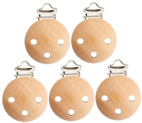 Clip per ciuccio da 5 pezzi per ragazzi e ragazze, clip per ciuccio in legno da 1, 2 pollici di diametro, supporto portatile facile da usare e pulire con fori per, massaggiagengive, succhietto