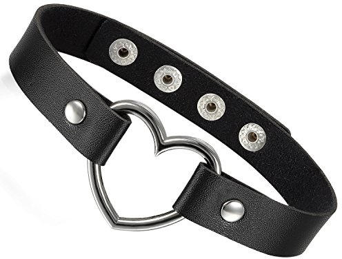Flongo Tattoo Choker Leder Halsband Lederhalsband Damen, Leder Halskette Halsband Anhänger Choker Tattoo Kette Schwarz Blau Pink Rot Lila Weiß Silber Herz Gothic Punk Rock