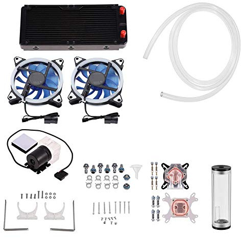 Tonysa DIY Computer Wasserkühlung Bausatz,All in One CPU Kühler Kit,Kompatibel mit 240mm Kühler/CPU/GPU Blockpumpe Reservoir/LED Fan Kühlkörper/zylindrischem Wasserbehälter usw.