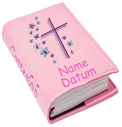 Gotteslob Gotteslobhülle Hülle Kreuz Schmetterlinge lila pink Filz Namen bestickt Einband Umschlag personalisierte Gesangbuchhülle, Farbe:rosa