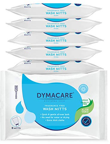 DYMACARE Fragrance-Free Wash Mitts | Rinse Free Microwaveable Adult Bed Bath Wet Wash Gloves | with Aloe Vera | Latex, Lanolin and Alcohol Free | 6 Packs (48 Mitts in Total)