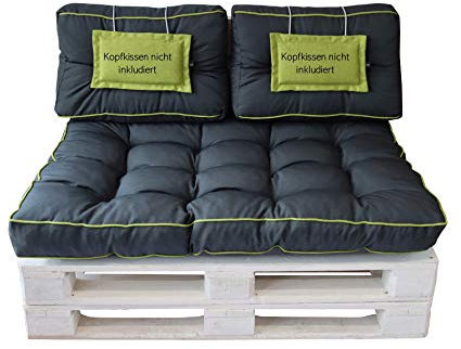 LILENO HOME Palettenkissen Set Anthrazit u. Grün - Set 2: (1x Sitzteil + 2X Rückenteil klein) - Polster für Europaletten - Palettenkissen Outdoor als Sitzkissen für Palettenmöbel