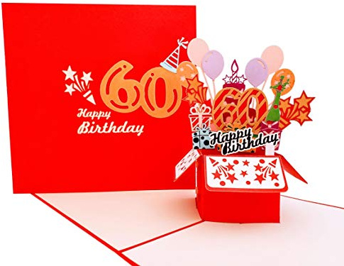 iGifts And Cards 3D 60th Birthday Pop Up Card – Red Party Box Surprise with Champagne, Cake & Balloons – Fun Celebration Gift for Friends, Coworkers, Husband, Wife – 6 x 6 Inch