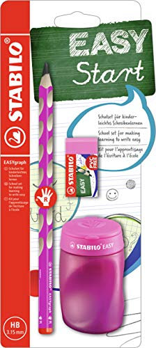 STABILO - Schul-Set für Rechtshänder - EASYgraph in pink - inklusive Spitzer + Radierer