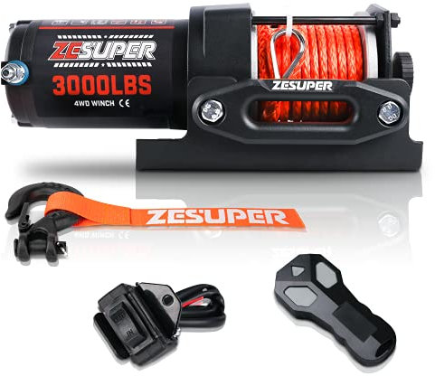 ZESUPER Cabrestante eléctrico de 12 V CC de 3000 Libras para remolcar ATV/UTV Todoterreno con Control Remoto inalámbrico, Nuevo Soporte de Montaje de Cuerda sintética