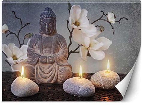 Feeby Fotomurales Estatua Zen De Buda Flores 250x175 cm Gris Incluyendo Pegamento Papel Pintado Tejido No Tejido Decoración De Pared Salon Oficina Dormitorio Velas Zen Meditación