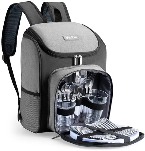 VonShef Picnic Backpack, 4 Person Grey Picnic Hamper with Dining & Cutlery Set & Cooler Compartment, Lightweight Water Resistant Cool Bag, Insulated Camping Accessories