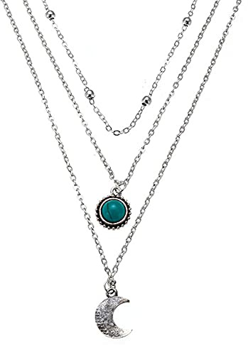Prosy Layered Boho Türkis Anhänger Halsketten Silber Mond Choker Halskette Kette Einstellbarer Schmuck für Frauen und Mädchen