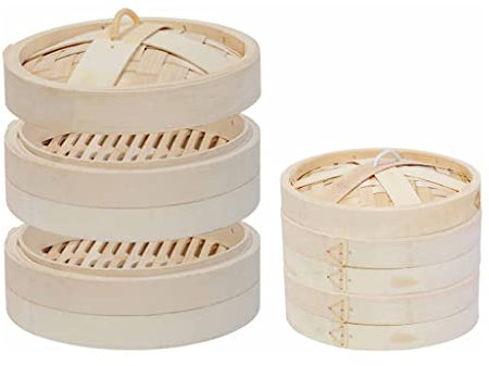 PIAOLING Bambus-Dämpfkorb, traditioneller 2-stöckiger Dampfgarer mit Deckel, handgefertigter Dampfgarer für Dimsum-Reis, Gemüse, Fischfleisch
