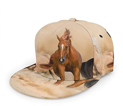 通用 Baseball-Mütze mit Flacher Krempe aus Polyester-Twill-Stoff Running Horse in Desert Sand Storm Outdoor-Cap für Männer, Frauen, Teenager