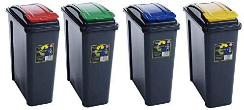 25L Plastic Indoor Slimline Recycle Bin with Colour Coded Flap Lid for Home, Kitchen, Bathroom (Red+Blue+Green+Yellow)