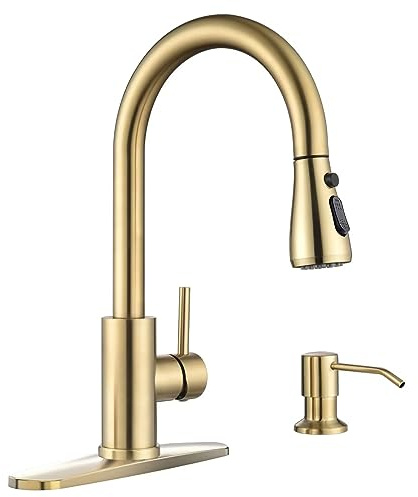 APPASO Gold Kitchen Faucet with Soap Dispenser, S304 Stainless Steel Single Handle Sink Faucets with Pull Down Sprayer 3 Modes, Modern High Arch with Deck Plate for 1 to 4 Hole Bar Farmhouse Laundry