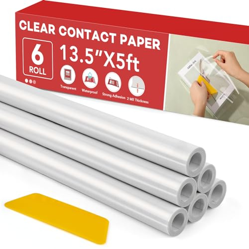 6 Rolls Clear Contact Paper, Plastic Book Covers 13.5 in x 5 ft, Contact Paper peel and stick, Clear Self Adhesive Protective Liner Papers Protector for Crafts Paperback Textbook Hard Covers Documents