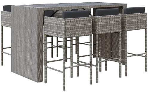 vidaXL Gartenbar Set 7-TLG., Gartenmöbel Bartisch 6 Barstühle, Stehtisch Barhocker für Garten Terrasse, Sitzgruppe Gartenset mit Kissen, Grau Poly Rattan