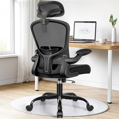 FelixKing Ergonomischer Bürostuhl, Computerstuhl, Verstellbare Lendenwirbelstütze, 3D-Kopfstütze und klappbare Armlehnen, Atmungsaktive Mesh-Rückenlehne, 300 lbs(Schwarz)