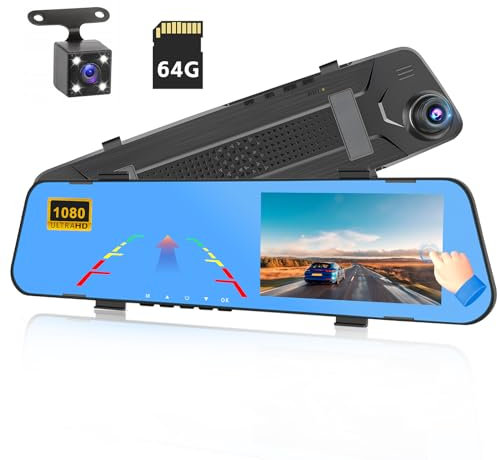 Hikity Dash Cam 4,5 Pollici Mirror IPS Touchscreen Car Dash Cam con Retrocamera da WDR Night Vision G-Sensor Loop Recording 64 GB SD Card