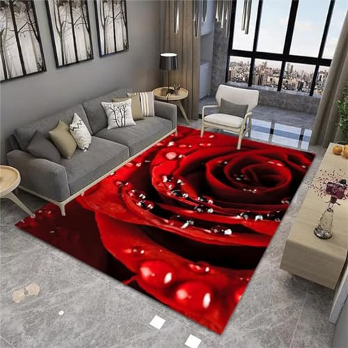 DJHWWD Rosso Alfombras Alargadas 70X140Cm Alfombra Cocina Lavable Antideslizante Alfombra Decorativa Antideslizante con Estampado De Flores En 3D, Dormitorio De Boda, Pelo Corto, Sala De Estar, Niña