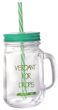 VINTORKY Bicchiere con Cannuccia 500ml in Vetro Verde Portatile con Coperchio e Foro per Cannuccia per Feste di Compleanno e Anniversari