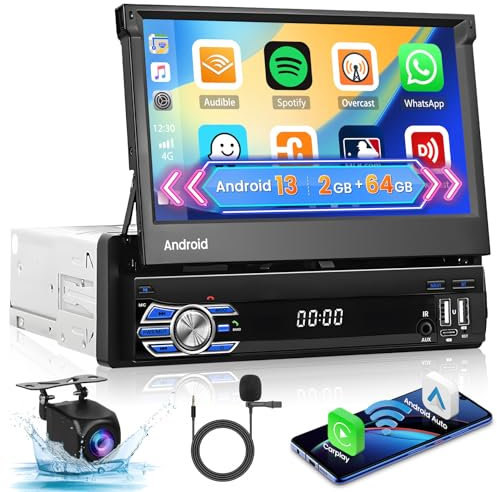[2G+64G] Android Autoradio 1 Din mit Navi Wireless Carplay Android Anto, 7 Zoll Bildschirm Ausfahrbarem Touchscreen Auto Radio 1 Din mit GPS WiFi Bluetooth FM SWC Rückfahrkamera