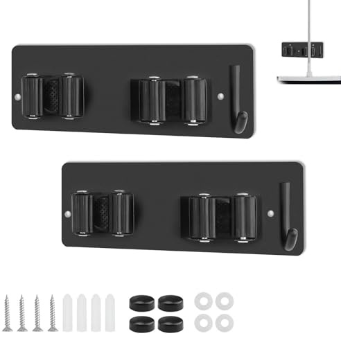 SRJQXH 2 Stück Besenhalterung Wand – Gerätehalter Aus 304 Edelstahl mit 4 Halterungen & 2 Haken, Wandhalterung für Besen, Gartengeräte, Küche, Bad, Garage