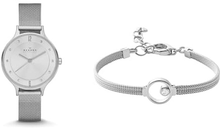 Skagen Women's Anita Lille Watch and Linje Modern Bracelet, Silver-Tone Stainless Steel, Set