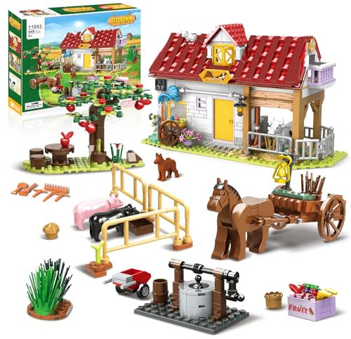 INVITOP Ideas Friends Bauernhof Konstruktionsspielzeug, Bauernhof-Spielzeug mit 6 Tieren, Plus Kutsche, Brunnen, Obst, Landwirtschaftliche Tools, Geschenk für Mädchen, Jungen und Kinder ab 6 Jahren