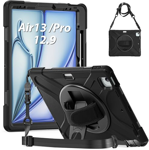 Gerutek Cover per iPad Air 13'' M4/M3/M2(2026/2025/2024)/iPad Pro 12.9,Nero | Custodia Robusta Antiurto con Supporto Girevole a 360°, Cinghia per Mano/Spalla, Portapenne iPad Pro 12.9 (6a/5a/4a/3a Gen)