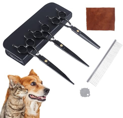 7 Zoll Hundeschere Set, Profi 5-in-1 Edelstahl Fellschere Inkl Effilierschere, Gebogene, Gerade Schere, Fellpflegekamm, Reinigungstuch, Aufbewahrungskoffer, Einstellschraube, für Hunde, Katzen