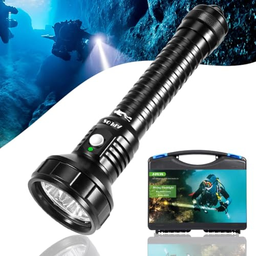 APLOS Lampe de plongée AP200-20 000 lumens - Rechargeable - Étanche IPX8 - Lampe de poche sous-marine avec batterie de 5000 mAh et chargeur