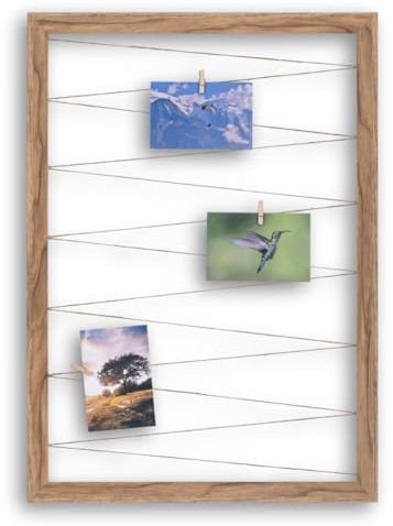 CLAMARO Fotohalter mit Fotoleine, Eiche Catania, 55 x 75 cm, vollummantelt | MDF-Rahmen 30 mm breit, Juteband gespannt, Massivholz-Clips, Metallaufhänger, für Fotocollage, Postkarten